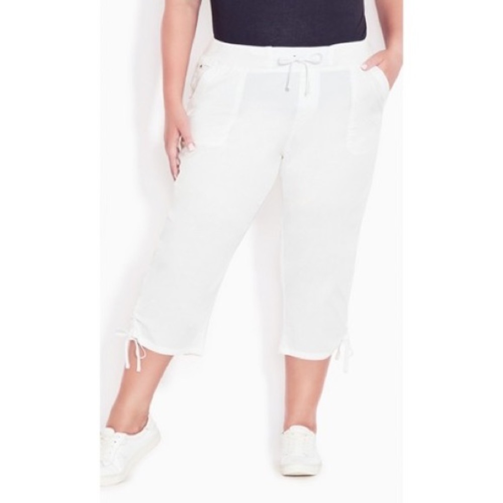 AVENUE white poplin pull on capri with drawstring waist cropped pants‎